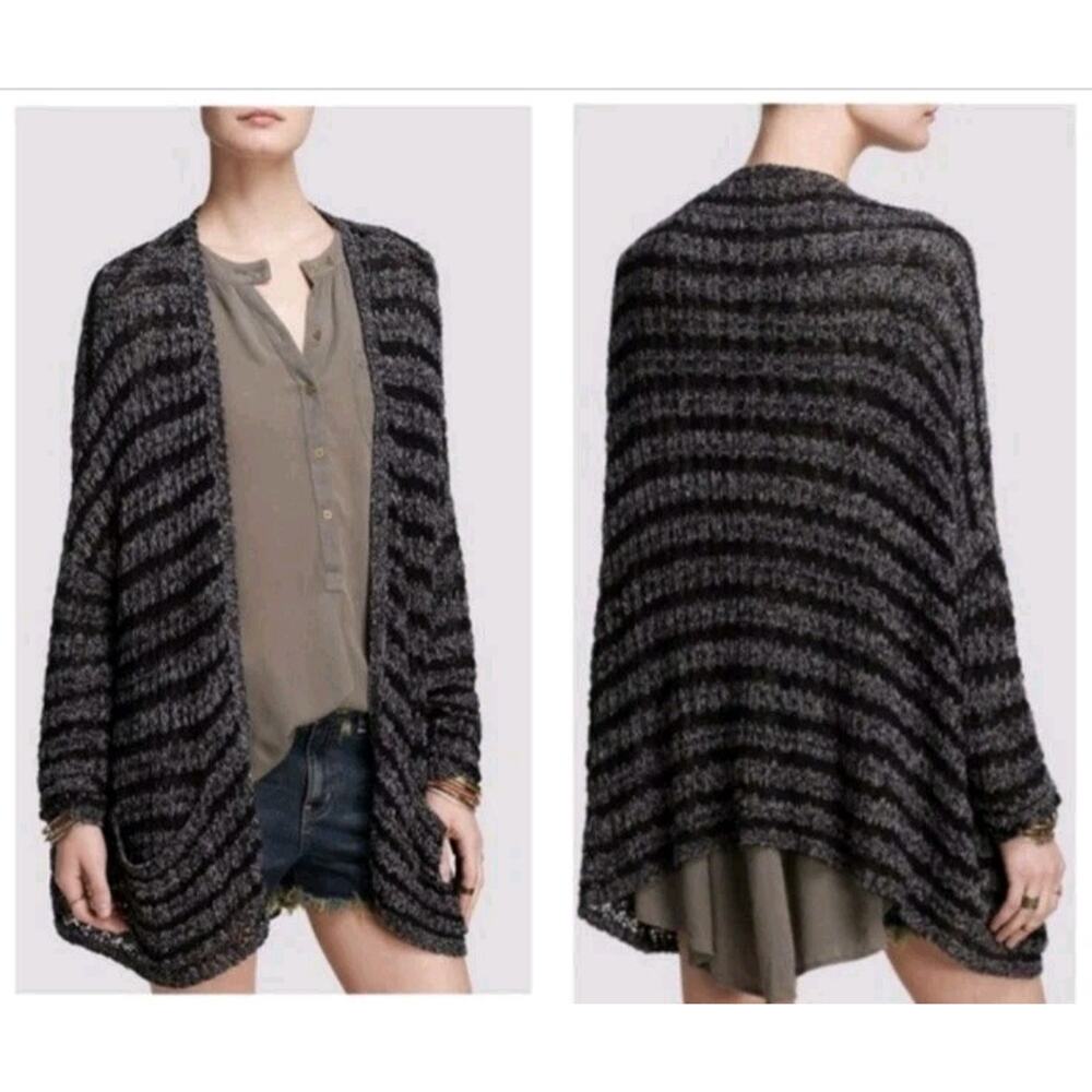 Free People XS Last Night Gray Stripe Open Front Oversized Fit Cardigan Sweater